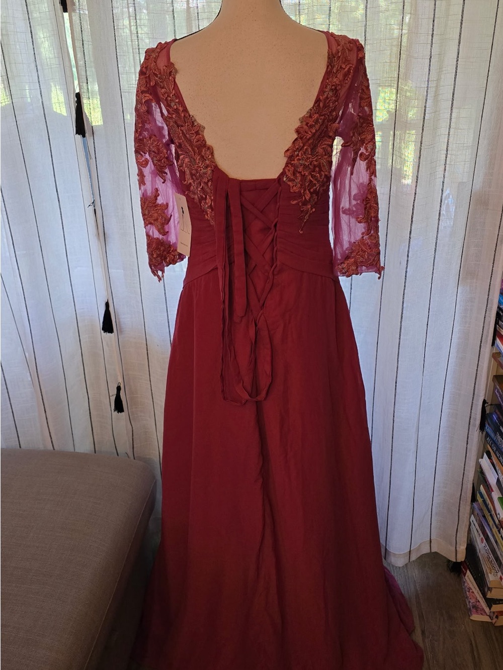 Elegant Burgundy Embroidered Maxi Dress with Sheer Sleeves - Picture 4 of 6